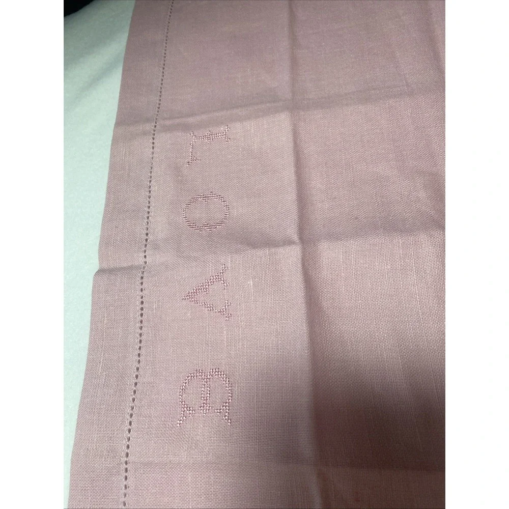 Williams Sonoma Pink Embroidered‎ LOVE Hemstitched Dish Tea Towel Linen Decor